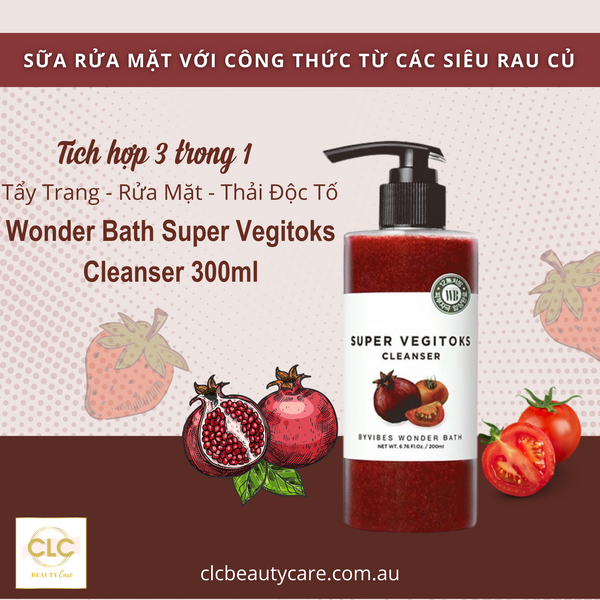 Sữa rửa mặt rau củ 3 in 1 tẩy trang, rửa mặt, thải độc tố Wonder Bath Super Vegitoks Cleanser - Màu Đỏ 300ml