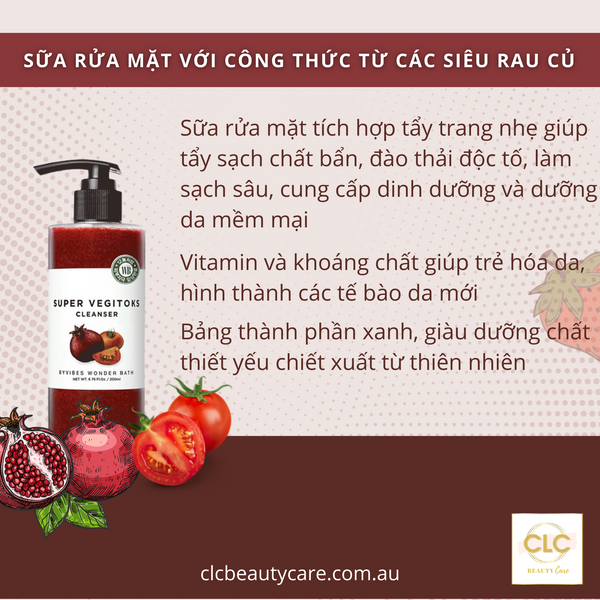 Sữa rửa mặt rau củ 3 in 1 tẩy trang, rửa mặt, thải độc tố Wonder Bath Super Vegitoks Cleanser - Màu Đỏ 300ml